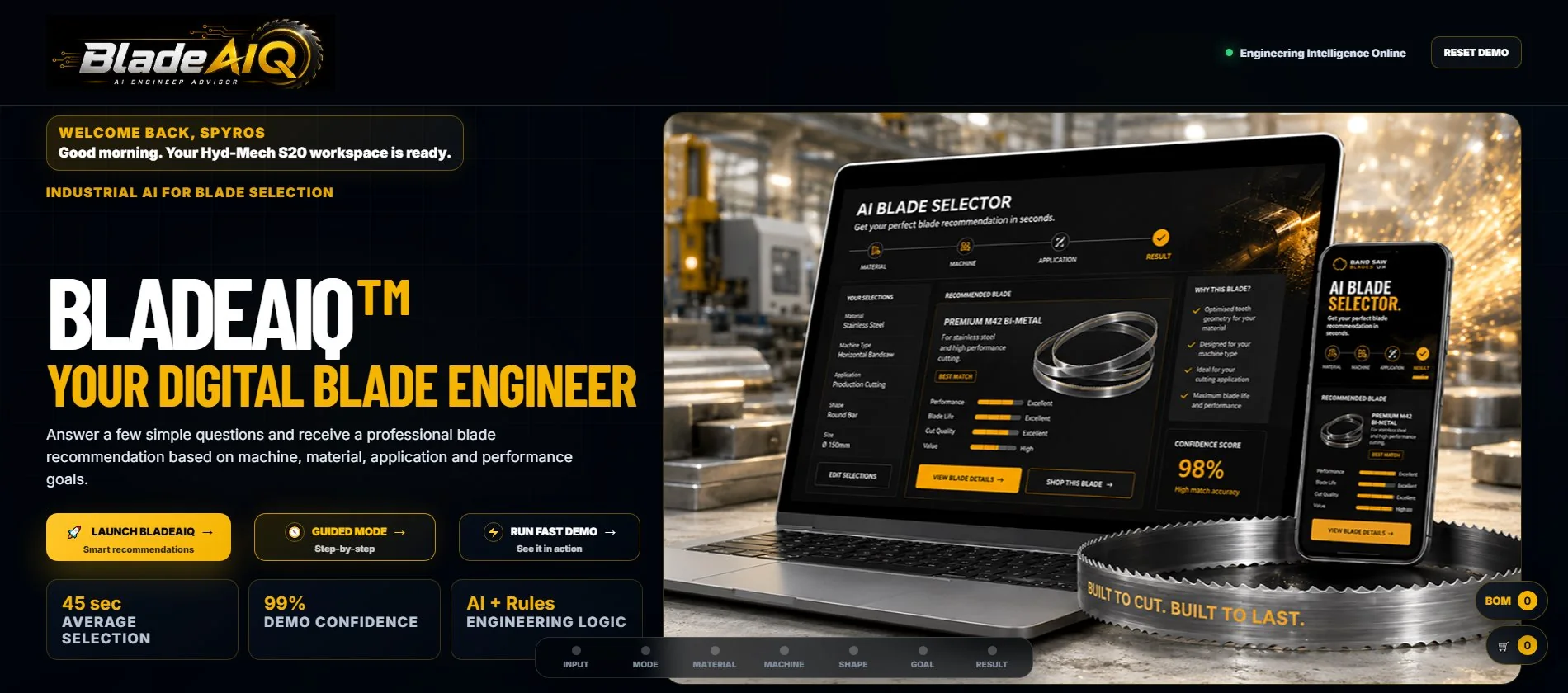 BladeAIQ industrial bandsaw blade selection configurator with guided engineering recommendations