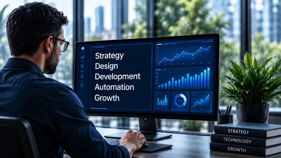 Business strategist reviewing a connected operations dashboard