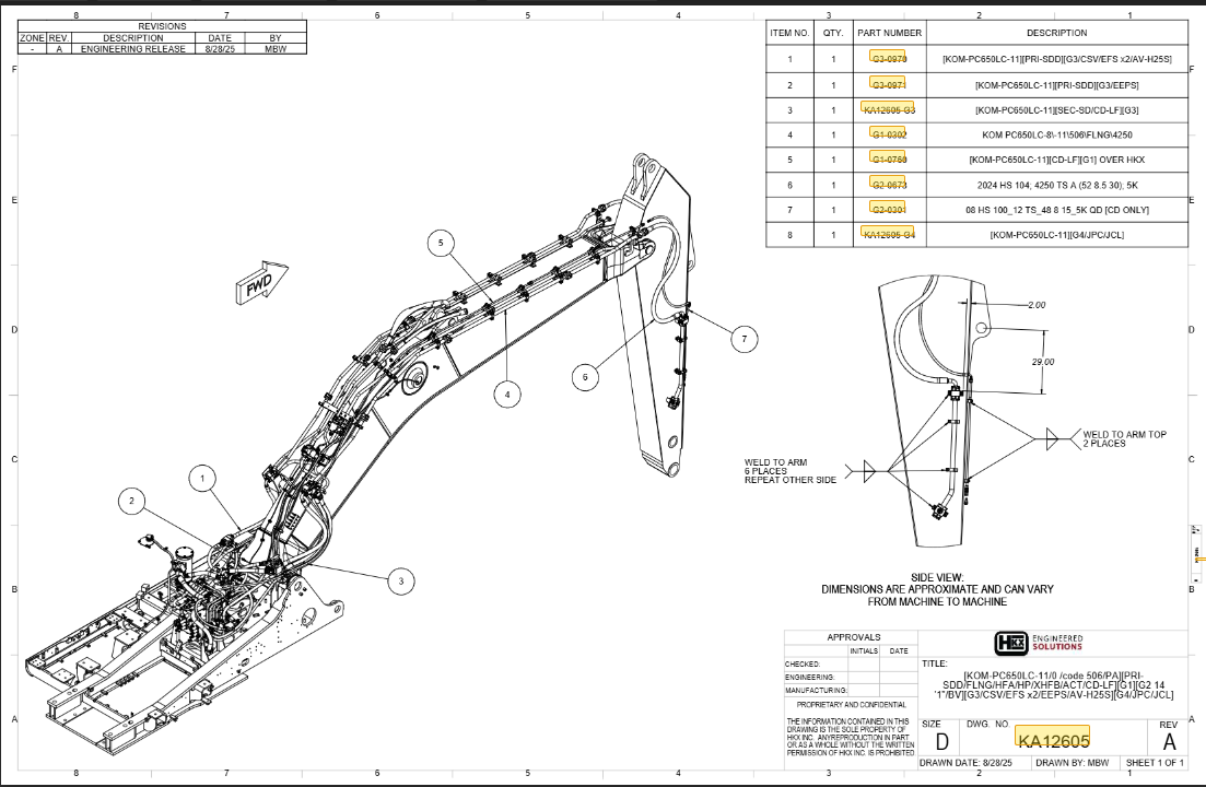 Hydraulic kit assembly technical drawing with seven selectable component callouts
