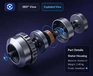 Exploded 3D product visualization showing mechanical part details