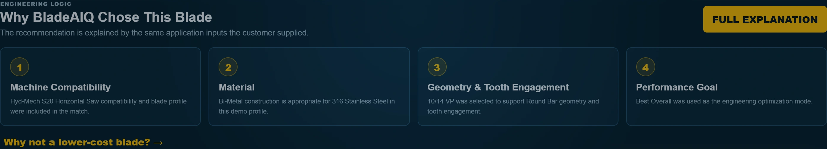 BladeAIQ's actual Why This Blade panel explaining the sample machine, material, geometry and priority.