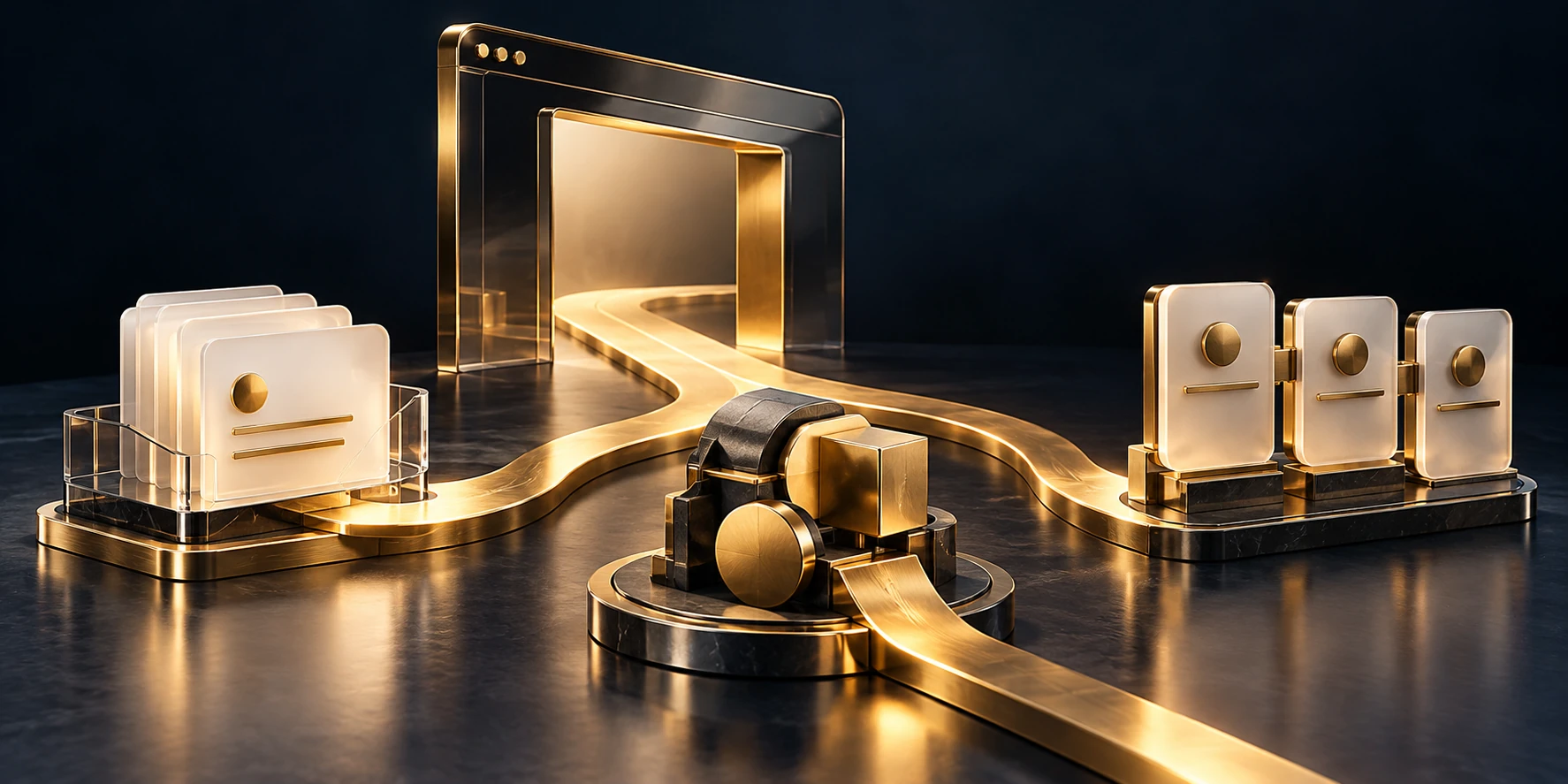 A gold path connects an open browser-shaped portal with request cards, a configurable component and organized handoff panels.
