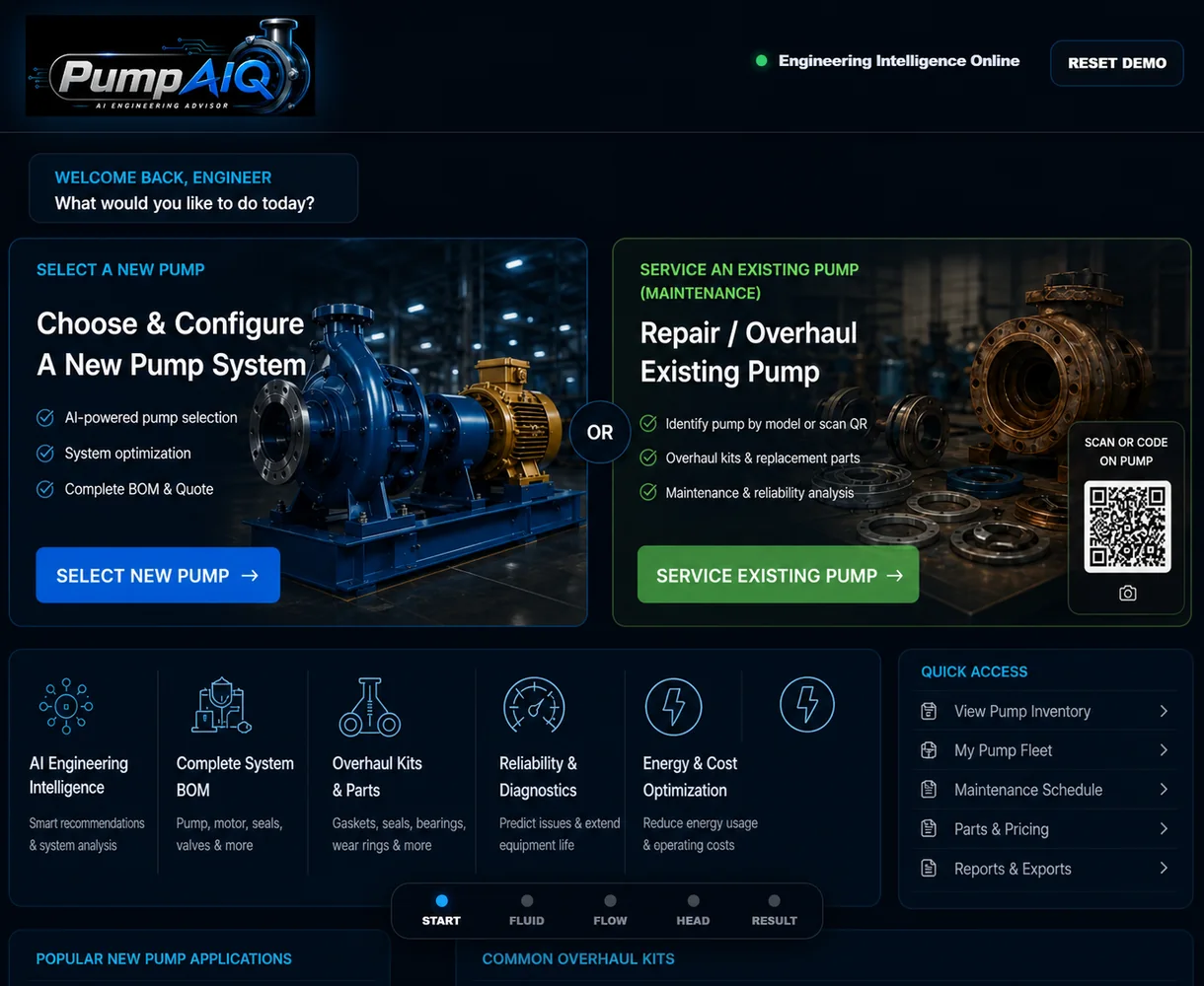 PumpAIQ new pump selection and existing pump repair configurator