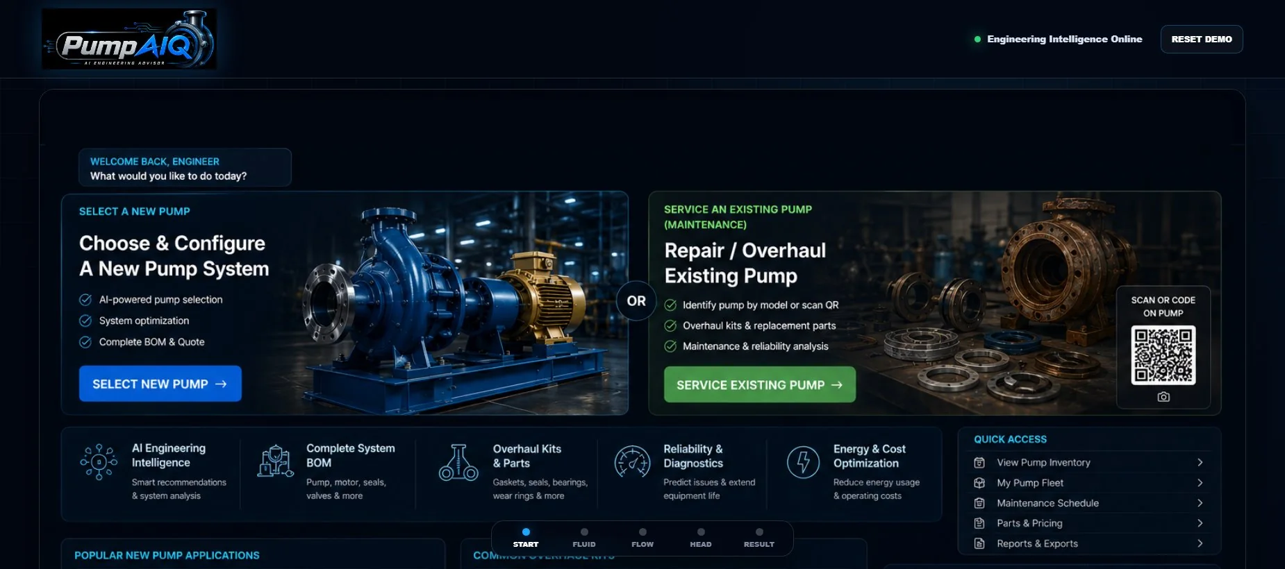 PumpAIQ configurator showing new pump selection and existing pump repair workflows