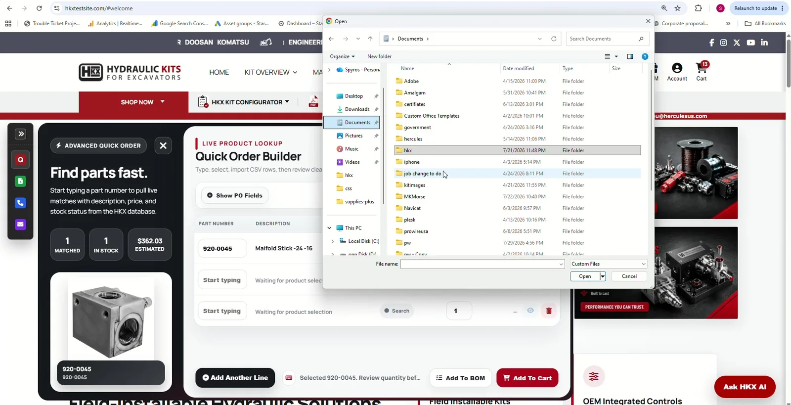QuickOrder CSV import workflow for a large industrial parts order