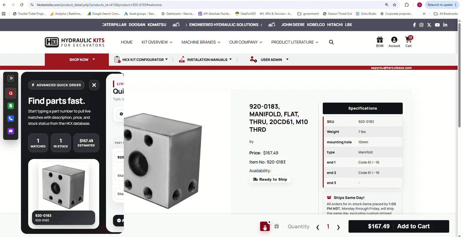 Product detail page with Advanced QuickOrder open beside the selected industrial product