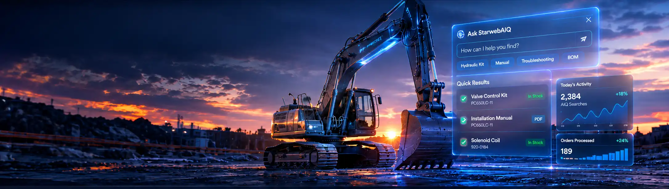 Excavator at sunset with StarwebAIQ advisor and automation dashboards