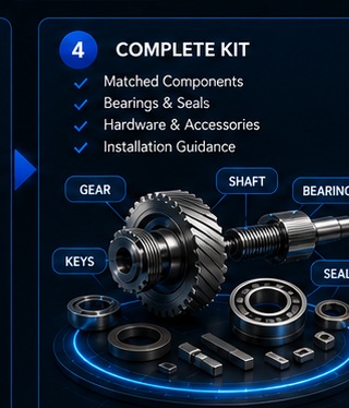 Complete gear, shaft, bearing, seal and key kit
