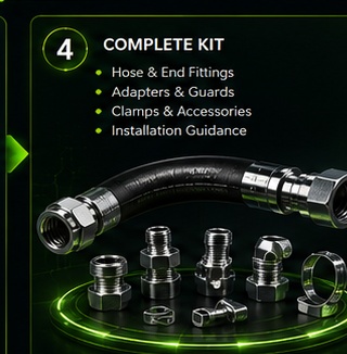 Complete hydraulic hose, fitting, adapter, guard and clamp kit