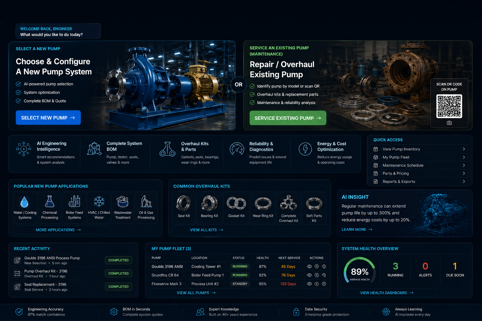 PumpAIQ select new pump or repair existing pump dashboard